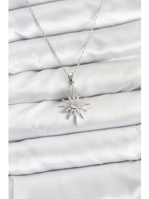 Maarketim 316L Çelik Zincir Gümüş Renk Kutup Yıldızı Model Zirkon Taşlı Kadın Kolye