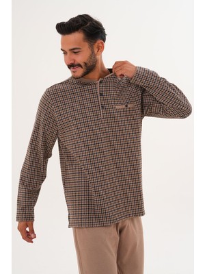 Çift Kaplan Erkek Desenli Patlı Bej Pijama Takımı 8038