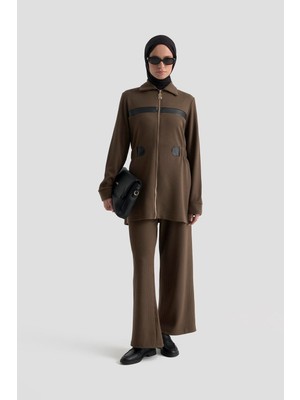Armine Trend Deri Detaylı Fitilli Pantolonlu İkili Takım Koyu Kahve 25KT649