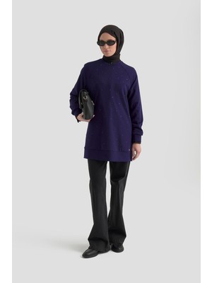 Armine Trend Önü Taş Işlemeli Tunik Morcivert 25KT449