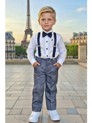 Riccotarz Erkek Çocuk Armalı Uzun Kol Gömlek Askılı Gri Pantolon Alt Üst Takım