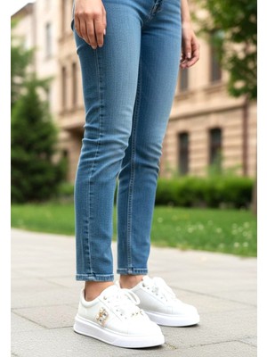 White Line Prens 163-1 Kadın Taşlı  Günlük Sneaker Ayakkabı Beyaz