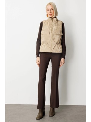 On Fashion Cepli Dik Yaka Kadın Bej Yelek 60998