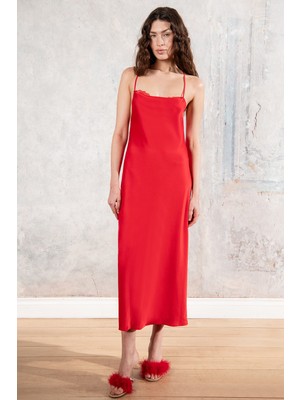 Feu De Elu Isabella Kırmızı Askılı Midi Dantel Detaylı Saten Gecelik