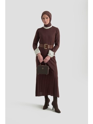 Armine Trend Kendinden Çizgili Triko Elbise Kahverengi 25KTD901