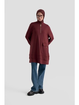 Armine Trend Yarım Fermuarlı Cebi Halka Detaylı Tunik Vişne 25KT463