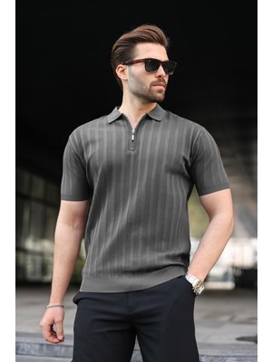 Madmext Antrasit Yarım Fermuarlı Polo Yaka Erkek Triko Tişört E7458