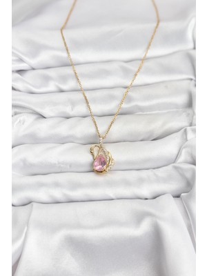 Maarketim 316L Çelik Zincir Gold Renk Pembe Kuğu Model Zirkon Taşlı Kadın Kolye