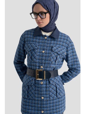 Armine Trend Gold Düğmeli Cep Detaylı Kolları Katlı Manşet Detaylı Tüvit Tunik İndigo 25KT404