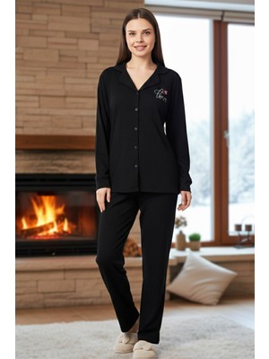 Remsa Kadın Önü Düğmeli Suprem Pijama Takımı 0550 SIYAH02