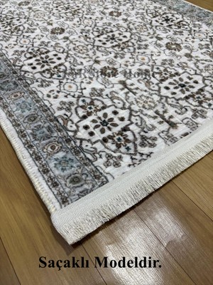 NarStore Home Merinos Çiçekli Otantik  Krem Kahve Yeşil Kalın Kaymaz Taban Kesme Yolluk Halı