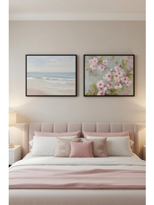 Safir Design Lüks Mavi ve Pembe Sahil ve Çiçek Dalları 2li Modern Çerçeveli Tablo Seti