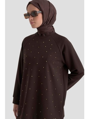 Armine Trend Önü Taş Işlemeli Tunik Kahverengi 25KT449
