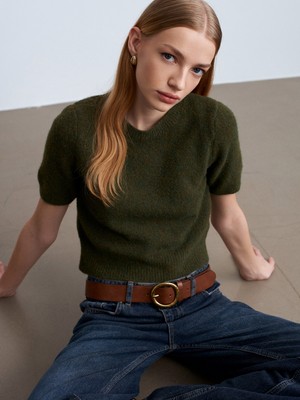 Dilvin 10651 Yün Karışımlı Kısa Kollu Kazak-Haki M.