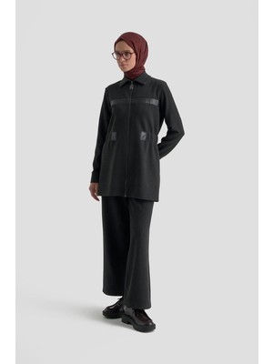 Armine Trend Deri Detaylı Fitilli Pantolonlu İkili Takım Antrasit 25KT649