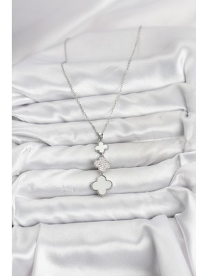 Maarketim 316L Çelik Zincir Gümüş Renk Yonca Detaylı Zirkon Taşlı Kadın Kolye