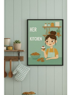 Safir Design Lüks Hardal ve Yeşil Cupcake Tutan Kız Mutfak Tablosu | Modern Çerçeveli Tablo
