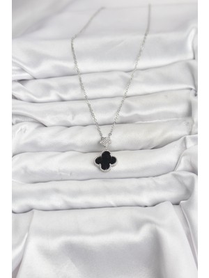 Maarketim 316L Çelik Zincir Gümüş Renk Yonca Model Zirkon Taşlı Kadın Kolye