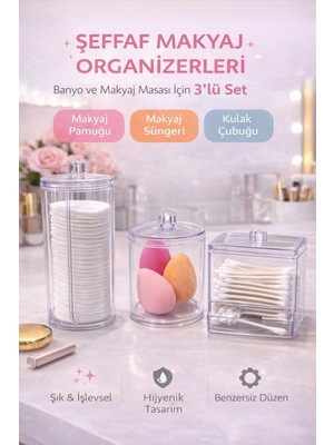 UltraMint 3'lü Kapaklı Çok Amaçlı Makyaj ve Pamukluk Organizeri