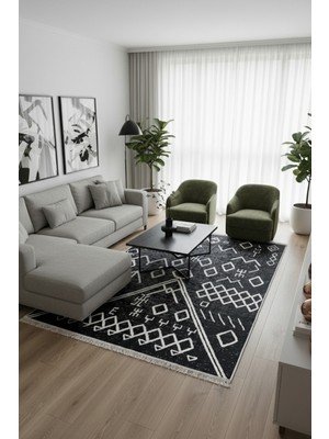  Siyah Geometrik Desen Çift Taraflı Makinede Yıkanabilir Ev Içi & Dış Mekan Uyumlu Günlük Kullanıma Uygun Kilim