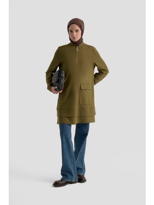 Armine Trend Yarım Fermuarlı Cebi Halka Detaylı Tunik Yağ Yeşili 25KT463