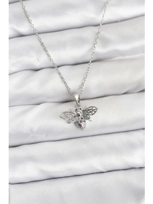 Maarketim 316L Çelik Zincir Gümüş Renk Sinek Model Zirkon Taşlı Kadın Kolye