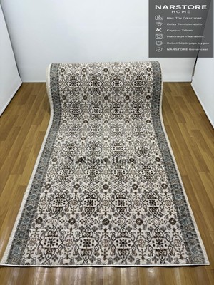 NarStore Home Merinos Çiçekli Otantik  Krem Kahve Yeşil Kalın Kaymaz Taban Kesme Yolluk Halı