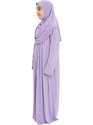 Pratik Tek Parça Organik Kız Çocuk Namaz Elbisesi - Lila - 5-7 Yaş