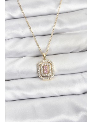 Maarketim 316L Çelik Zincir Gold Renk Plaka Model Zirkon Taşlı Kadın Kolye