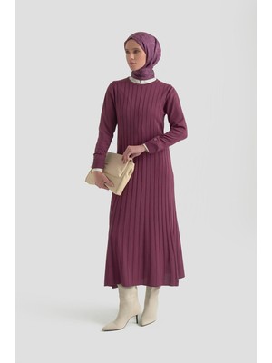 Armine Trend Kendinden Çizgili Triko Elbise Mürdüm 25KTD901