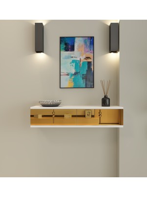 Morepp Skyn 90 Cm,2 Kapaklı, Raflı, Duvara Monte Dresuar Beyaz-Altın