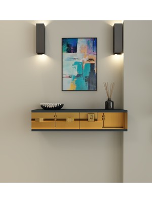 Morepp Skyn 90 Cm,2 Kapaklı, Raflı, Duvara Monte Dresuar Antrasit-Altın