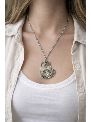 Herşey Nota Sevimli Kedi Figürlü Metal Kolye – 60 cm Zincirli