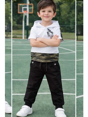 Riccotarz Erkek Çocuk Kapüşonlu ve Kamuflaj Desenli T-Shirt Paçası Lastikli Siyah Eşofman Takım