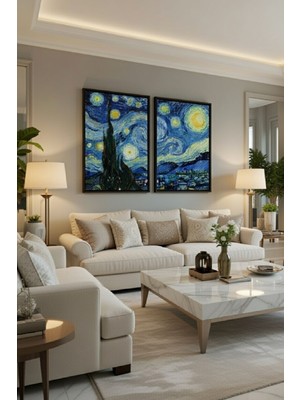 Safir Design Lüks Mavi ve Sarı Yıldızlı Gece Van Gogh Tarzı Duvar Sanatı | Modern Çerçeveli Tablo
