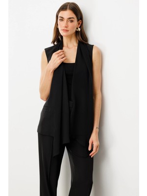 Ekol Tül Şal Yaka Kadın Siyah Yelek 06502