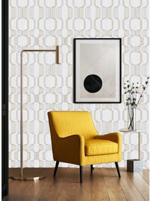 Golden DUVAR KAĞIDI - BORDÜR Geometrik Desen Gümüş / Altın Yaldız Detaylı 5,2m² Nonwoven Duvar Kağıdı