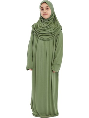 Pratik Tek Parça Organik Kız Çocuk Namaz Elbisesi-Fıstık Yeşili - 11-13 Yaş