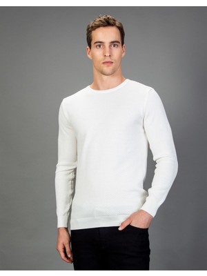 Tudors Erkek Standart Fit Normal Kesim Bisiklet Yaka Petek Desenli Beyaz Triko Kazak