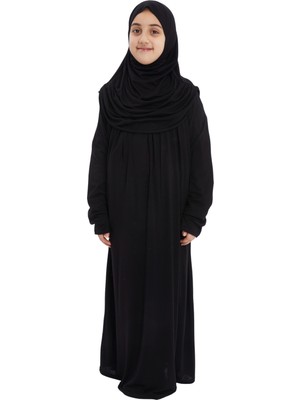 Pratik Tek Parça Organik Kız Çocuk Namaz Elbisesi - Siyah - 5-7 Yaş