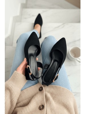 Divolya Aura Siyah Süet Yanı Tokalı (4 cm Topuk Boyu ) Sivri Burun Topuklu Babet Ayakkabı