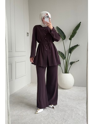 Tesettür Diyarı Kadın Tansel Kumaş Önden Düğmeli Tesettür Takım- Mürdüm