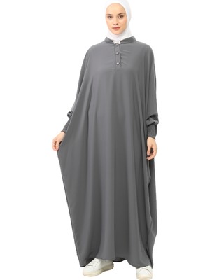 Altobeh Kadın Medine Ipeği Abaya Ferace Elbise Hakim Yakalı Yarasa Kollu Tesettür Elbise - Füme - L-XL