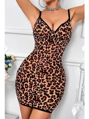 albonse Leopar Hayvan Desenli Arkası Çapraz Bağlama Detaylı Tül Gecelik Takımı