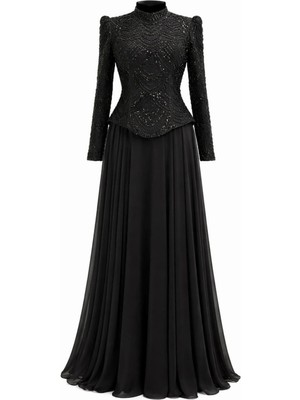 Olcay Boncuk ve Pul Bezeli Şifon Kombinli Exclusive Tesettür Abiye Elbise SİYAH 1065