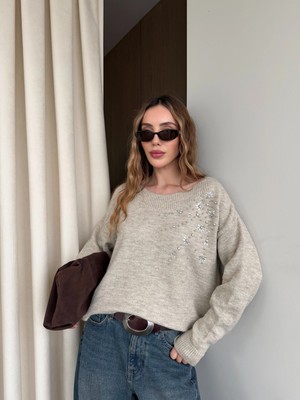 Laluvia Bej Taş Işlemeli Kayık Yaka Kazak - 251189