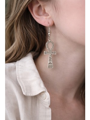 Herşey Nota Ankh Formlu Sembolik Metal Tasarım Sallantılı Küpe