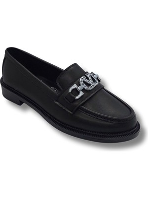 Tarzbu Kadın Siyah Taşlı Tokalı Rahat Comfort Taban Loafer Babet Ayakkabı Tarzkltopuklubabet1