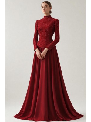 Olcay Boncuk ve Pul Bezeli Şifon Kombinli Exclusive Tesettür Abiye Elbise BORDO 1065