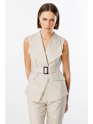 Ekol Kruvaze Kemerli Çizgili Kadın Bej Yelek 04050